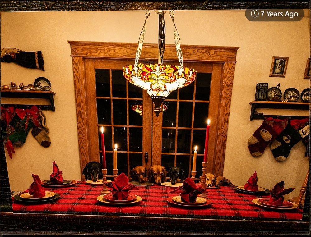 Holiday dinner table with dogs seated at place settings, Tiffany lamp and candles overhead